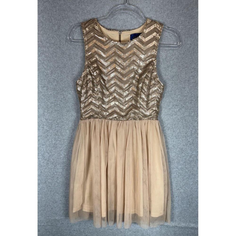Blue Rain Dress Womens Small Gold Sequin Chevron Tulle Party Cocktail Sleeveless